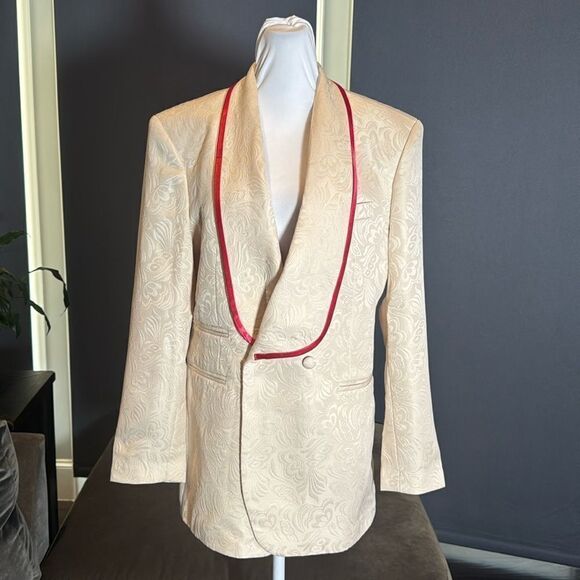 Men’s Floral Cream 2 Piece Tuxedo Suit Shawl Lapel Red Trim 34 Jacket 31 Pants - Picture 1 of 12